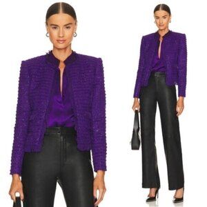 NWT L'Agence Angelina Wool Tweed Fringe Blazer 0 Deep Violet Metallic Open